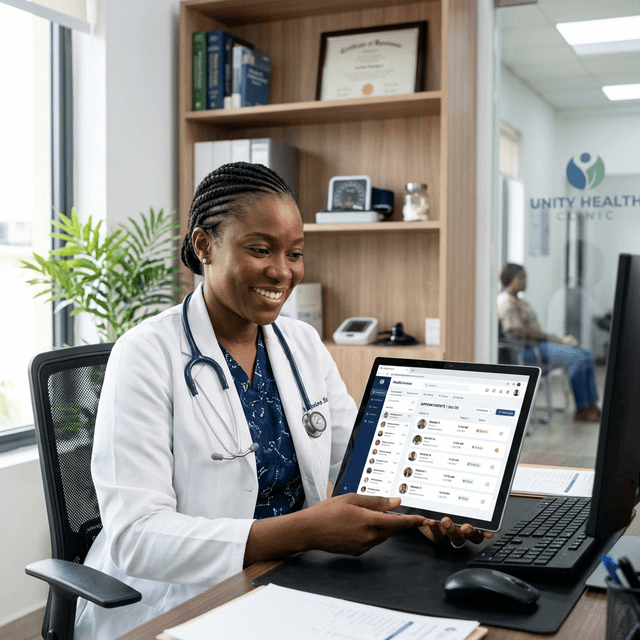 Nigerian doctor using Pulse clinic management dashboard on a tablet